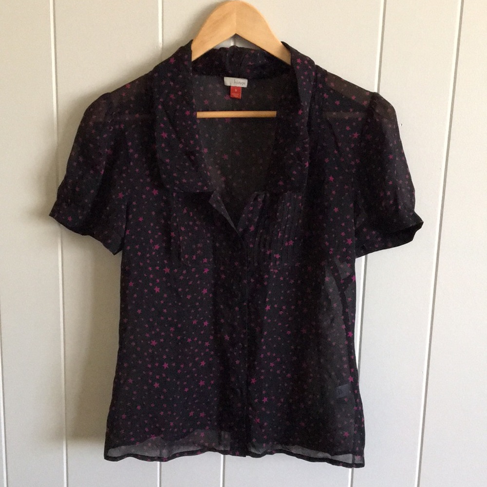 Hinge sheer top- Black with pink stars